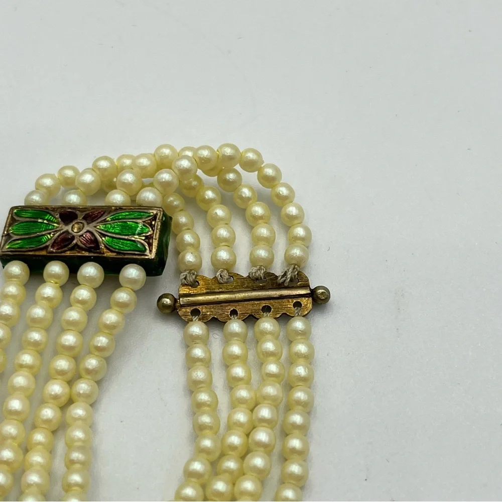 Vintage cloisonné faux pearl rhinestone layered bracelet